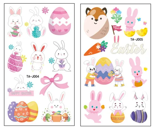 Vista 5 de 10 hojas (110 unidades) Tatuaje temporal de Pascua para niños, calcomanías de tatuaje de huevos de conejo, manos faciales disponibles, decoraciones