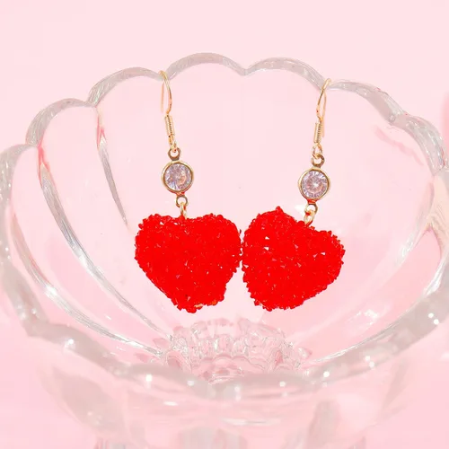 Vista 5 de Pendientes de San Valentín para ella, aretes de cuentas de diamantes de imitación de corazón rojo, camisas de atuendo para mujer, accesorios
