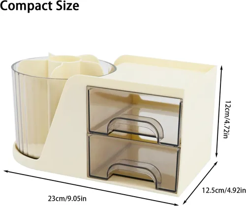 Vista 3 de Organizador de Escritorio con Soporte Giratorio para Lápices y Bolígrafos y 2 Cajones Pequeños, Caddy de Escritorio para Organización y Beige