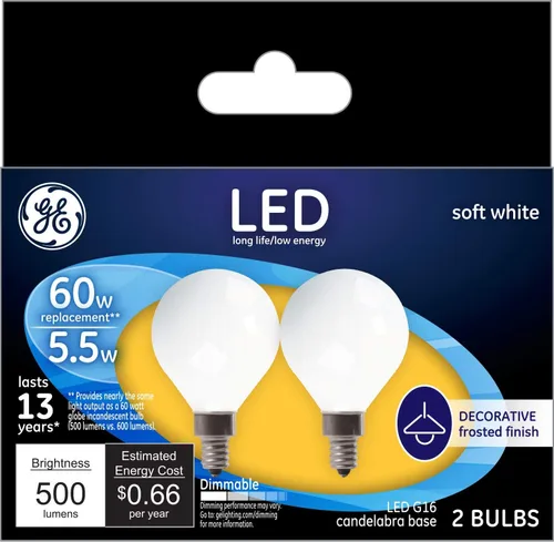 Vista 2 de GE Bombillas LED, 60 vatios, blanco suave, bombillas G16, esmeriladas, base pequeña (paquete de 2)