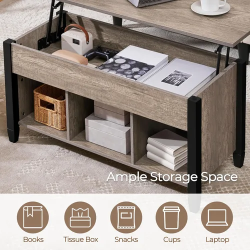 Vista 5 de Yaheetech Mesa auxiliar gris, mesa de centro elevable con compartimento oculto y estante, mesa de comedor elevable para sala de estar, recepción