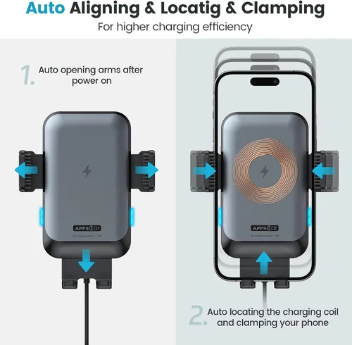 Vista 3 de APPS2Car Soporte de cargador inalámbrico para automóvil, ranura para CD, sujeción automática de 15 W, soporte de teléfono de CD de carga rápida