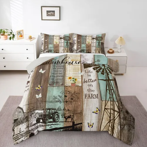 Vista 26 de Erosebridal Juego de edredón rústico de colibrí, juego de ropa de cama de molino de viento rústico para niños, adolescentes y adultos, relleno