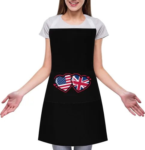 Vista 3 de Delantales de corazón con bandera estadounidense y británica para hombres/mujeres, delantales impermeables para adultos, delantales para el hogar