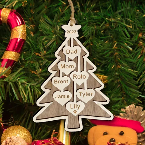 Vista 18 de Adorno de Navidad familiar personalizado 2023, adornos de madera para árbol de Navidad con cuerda pequeña, de 1 a 10 nombres personalizados