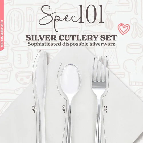 Vista 2 de Spec101 Juego de cubiertos de plástico plateado para fiestas, juego de 300 cubiertos desechables preenrollados envueltos individualmente