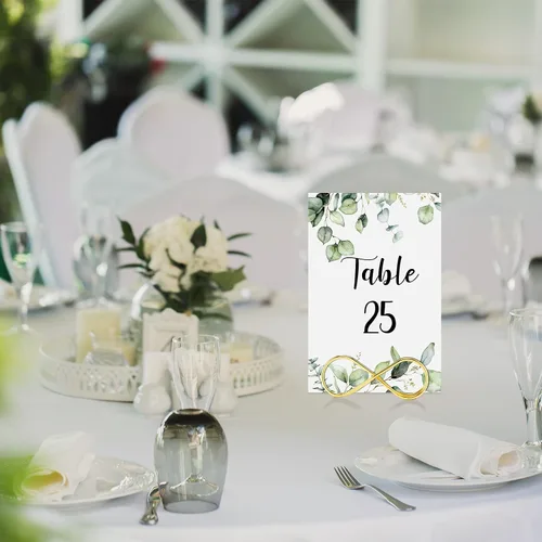 Vista 7 de Marspark 26 números de mesa de boda con 26 soportes de mesa dorados, eucalipto verde, tarjetas de número de recepción de boda con cabeza, etiqueta