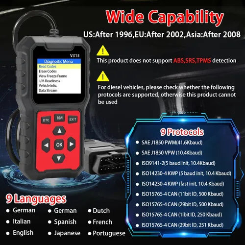 Vista 4 de V315 OBD2 Herramienta de diagnóstico, lector de código, herramienta de diagnóstico de luz de motor, probador de voltaje de batería, para coches