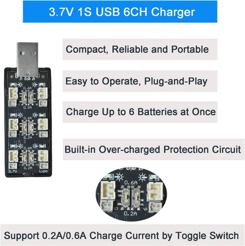 Vista 2 de 1S LiPo - Cargador USB de 6 canales 3.7V/4.20V, compatible con batería Tiny Whoop EMAX Tinyhawk, proyectos de bricolaje, conectores JST-PH2.0