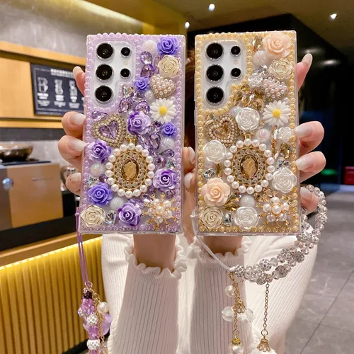 Vista 3 de iFiLOVE Funda para Samsung Galaxy S10 Bling Diamond Case con correa de flores, 3D de lujo con purpurina de cristal de imitación de perlas y rosas