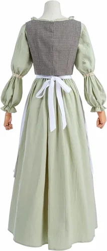 Vista 8 de Nuoqi Colonial Dress Women Green Pioneer Dress Adult Prairie Dress Costume with Apron 4 Pcs Set