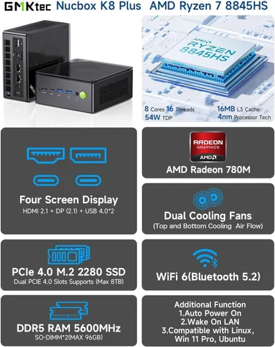 Vista 2 de GMKtec K8 Plus Gaming Mini PC AMD Ryzen 7 8845HS 32GB Dual DDR5 512GB SSD