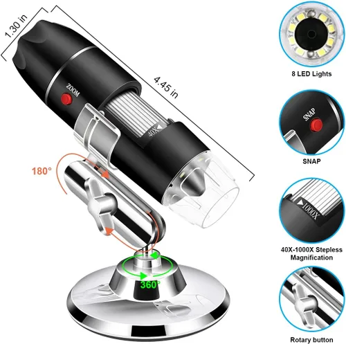 Vista 8 de Microscopio USB con cámara y soporte y estuche de transporte, microscopio digital Cainda compatible con Android, Windows, Linux, Mac, lupa portátil