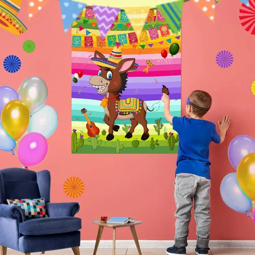 Vista 4 de NEBURORA Pin The Tail on The Donkey Juego de burro mexicano con 24 colas para fiesta del Cinco de Mayo, fiesta mexicana, fiesta temática de taco