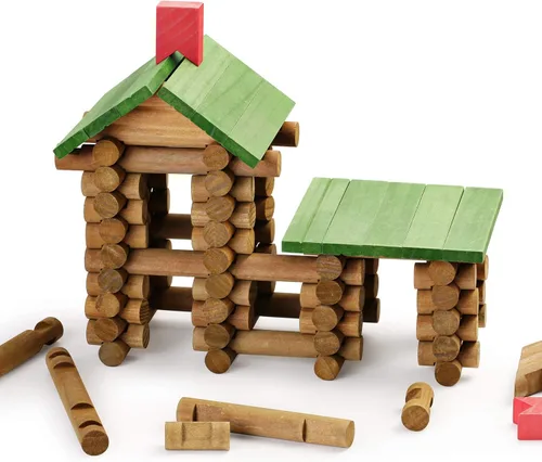 Vista 2 de SainSmart Jr. Juego de 450 piezas de cabaña de madera para niños pequeños, kit de construcción clásico STEM con bloques de troncos de madera