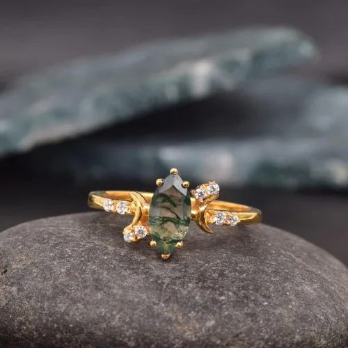 Vista 6 de DREAMSOFDAZZLE - Anillo de compromiso para mujer, diseño de luna de mi vida, corte marquesa, ágata musgo, juego de anillos de compromiso de novia