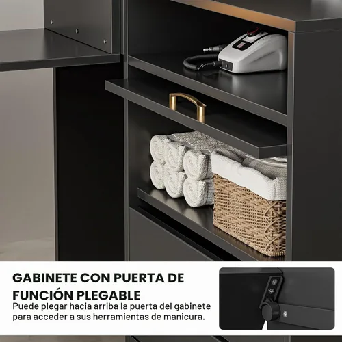 Vista 7 de Mesa de manicura en forma de L con estantes, estación de mesa de uñas con parte superior de cristal, resistente a acetona, con cajones de Negro