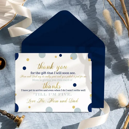 Vista 3 de Paper Clever Party Tarjetas de agradecimiento para baby shower azul marino y dorado con sobres, notas en blanco con mensaje precargado para niños