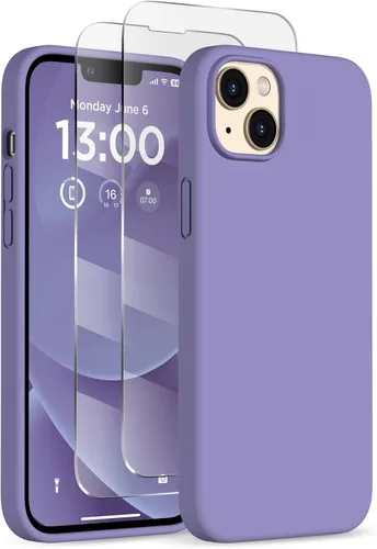Vista 11 de Funda delgada para iPhone 13 de 6.1 pulgadas, silicona líquida a prueba de golpes, con forro de microfibra suave antiarañazos, 2 protectores