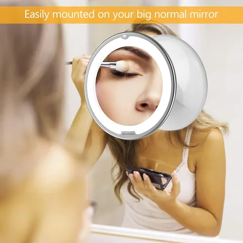 Vista 11 de Beautural Espejo de maquillaje con aumento de 10 veces con luces LED, espejo de maquillaje con aumento iluminado para el hogar, mesa, baño, ducha