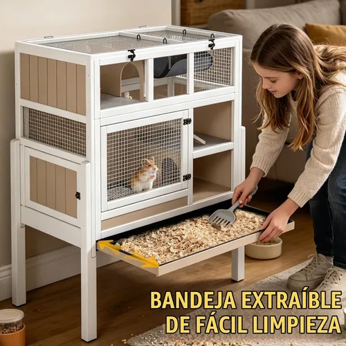 Vista 3 de Jaula grande de madera para conejillos de indias de 3 niveles con soporte Para 2-4 conejillos de indias, rampa antimasticación, bandeja extraíble