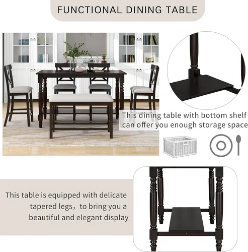 Vista 3 de Bellemave Juego de mesa de comedor de 6 piezas rectangular de madera con 4 sillas y un banco, juego de comedor moderno para 6 personas, ideal