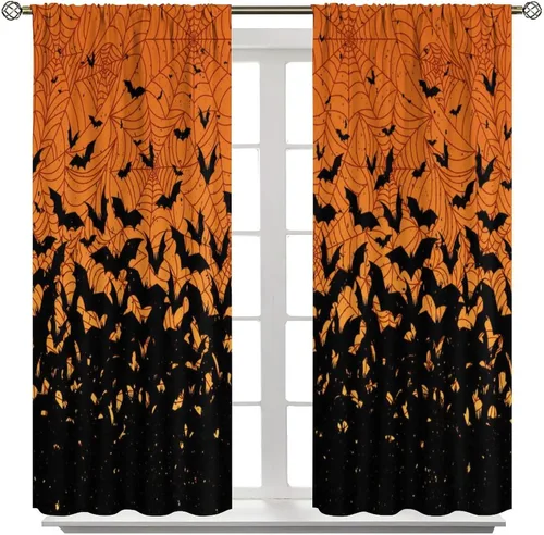 Vista 2 de Cortinas de Halloween naranja y negro de telaraña para sala de estar y dormitorio, decoración de panel de cortina de puerta para decoración