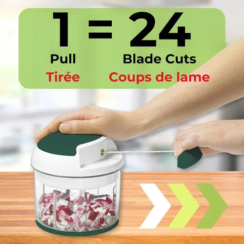 Vista 4 de Starfrit Pull Chopper - Procesador de alimentos manual multiusos - Sistema de tres cuchillas para un corte más rápido - De trozos grandes a puré
