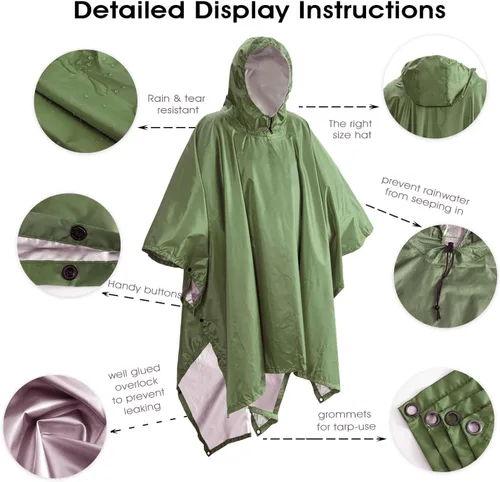 Vista 2 de QIANQUHUI Poncho de lluvia impermeable, ligero, reutilizable, con capucha, chaqueta unisex para senderismo, camping, emergencia