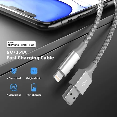 Vista 3 de Cargador para iPhone [certificado Apple MFi] Paquete de 3 cables Lightning de 10 pies de largo, carga rápida, sincronización de datos, cable USB