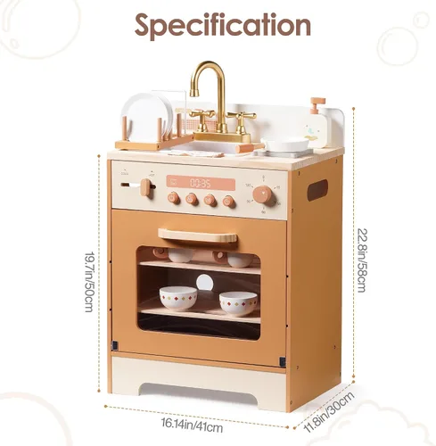 Vista 6 de ROBOTIME Fregadero Lavavajillas de Juguete de Madera – Juguete de Cocina de Imitación Color Caramelo con Grifo Dorado, Perillas Giratorias, Estante