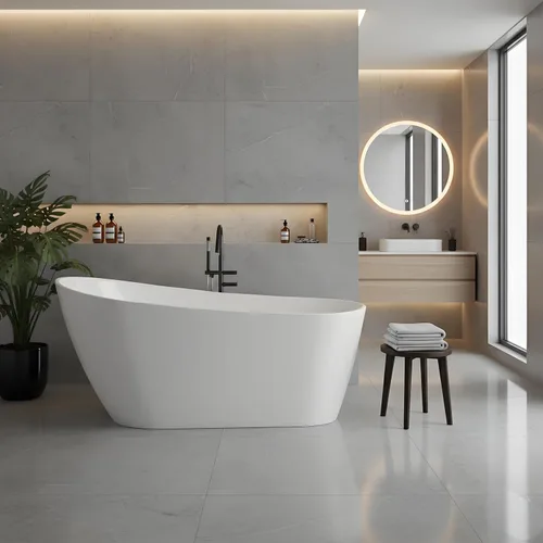 Vista 29 de 59 Inch Freestanding Bathtubs, White Acrylic Free Standing Bathtub, Modern Soaking Tub with Integrated Overflow & Chrome Drain for Bathroom Remodel