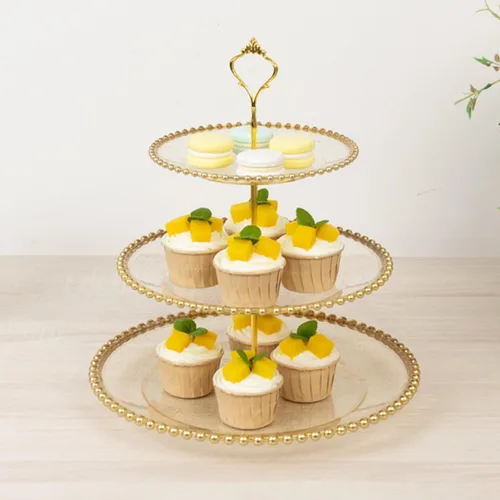 Vista 16 de Efavormart - Soporte de plástico transparente para cupcakes de 3 niveles con borde barroco dorado en relieve, soporte redondo de postres
