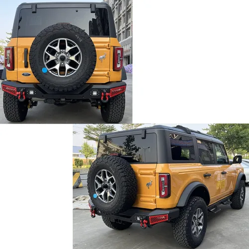 Vista 2 de Parachoques trasero de acero para Ford Bronco 2021-2025 con luces y anillos en D (textura negra)
