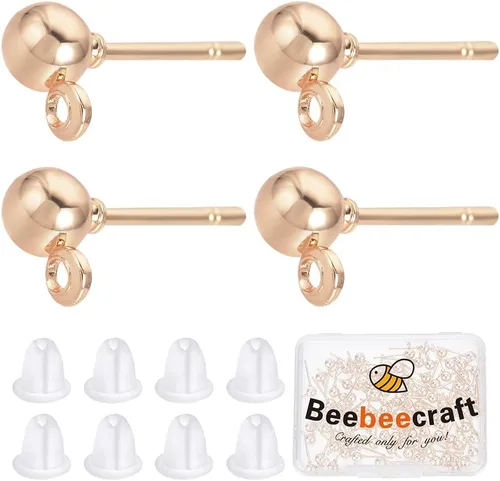 Vista 11 de Beebeecraft 100 piezas de 2 colores, componentes para aretes de bola con perno, chapados en oro de 24K y plata de ley 925, acero inoxidable 304