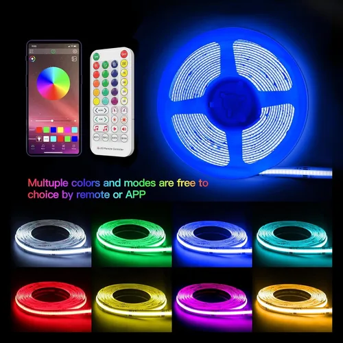 Vista 2 de Kit de tiras LED RGB COB, 9.8 pies ultra brillantes (840 LEDs/m) luces LED Bluetooth con control remoto de aplicación inteligente, luces LED