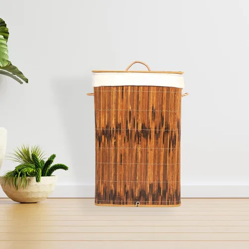 Vista 5 de Cesto rectangular de bambú plegable impermeable con tapa y asas para organizador, ropa, juguetes duraderos contenedor de lavado para fácil transporte