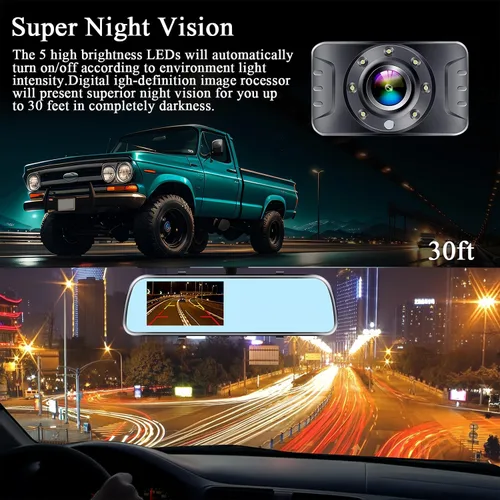 Vista 3 de Espejo de cámara de respaldo HD 1080P – Plug and Play, fácil de instalar, visión nocturna a color, espejo retrovisor con cámara de matrícula