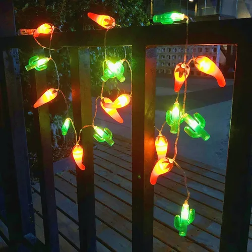 Vista 8 de Guirnalda de luces artificiales de cactus verde chile rojo, 20 LED, luces de noche de hadas de Navidad, funciona con pilas, para decoración de bodas