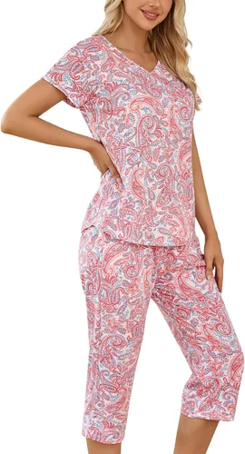 Vista 18 de ENJOYNIGHT Conjuntos de pijama de algodón para mujer, pijamas de verano con pantalones capri, ropa de dormir Gato negro