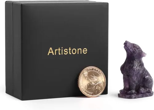 Vista 8 de Artistone Figuras de lobo de cristal de amatista de 2.0 pulgadas, regalo de piedras preciosas talladas a mano, estatua de lobos, tallas de animales
