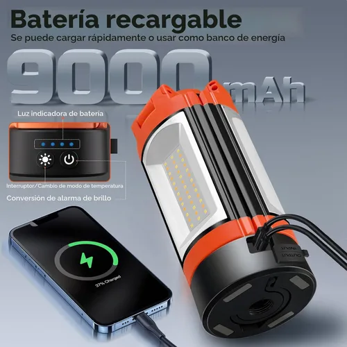 Vista 2 de Luz de campamento recargable de 12000 mAh con soporte ajustable, luz de trabajo inalámbrica con 3 cabezales de lámpara LED, linterna de emergencia