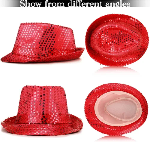 Vista 4 de 6 piezas de sombrero de lentejuelas occidentales Fedora sombreros de baile brillantes sombreros de lentejuelas brillantes para hombre y mujer