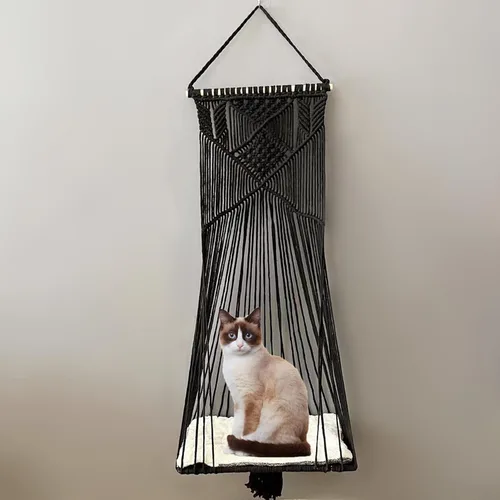 Vista 3 de Hamaca colgante para gatos macramé, color negro