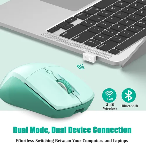 Vista 2 de LeadsaiL Ratón inalámbrico Bluetooth, mouse recargable de computadora de modo dual con botones laterales, diseño ergonómico, clic silencioso, DPI