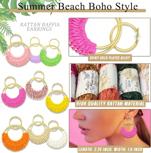Vista 6 de Ronglry Aretes bohemios de ratán de rafia para mujeres y niñas, ligeros, hechos a mano, de mimbre trenzado, grandes, divertidos, modernos, regalos