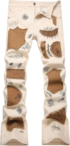 Vista 53 de Baylvn - Pantalones de mezclilla para hombre con diseño patchwork, ajustados y cómodos, estilo motociclista 3132 Camuflaje y azul