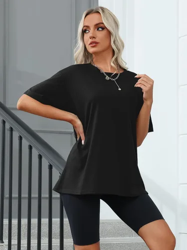 Vista 2 de Camisetas de gran tamaño para mujer, de manga corta, ajuste holgado, para verano, casual, básicas