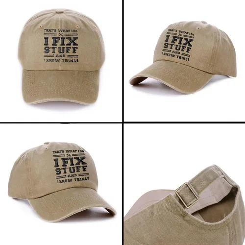 Vista 4 de Gorro de béisbol con texto en inglés That's What I Do I Fix Stuff and I Know Things, regalo de cumpleaños para hombre, color negro