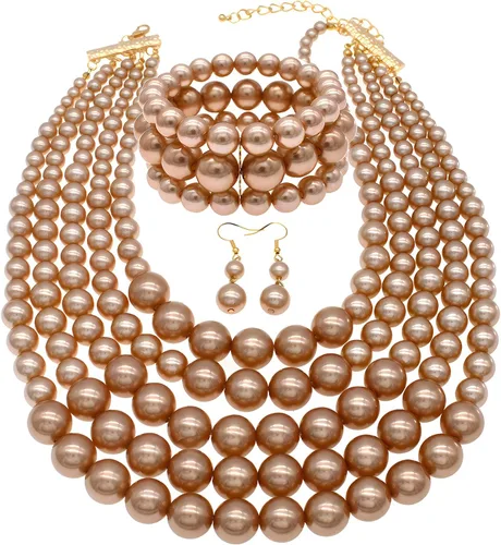 Vista 16 de JNF Collares grandes de perlas de imitación para mujer, collar de perlas de múltiples hebras, pulsera y aretes, collar de perlas para disfraz Negro